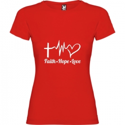 Tricou rosu femei, imprimeu alb Faith, Hope, Love